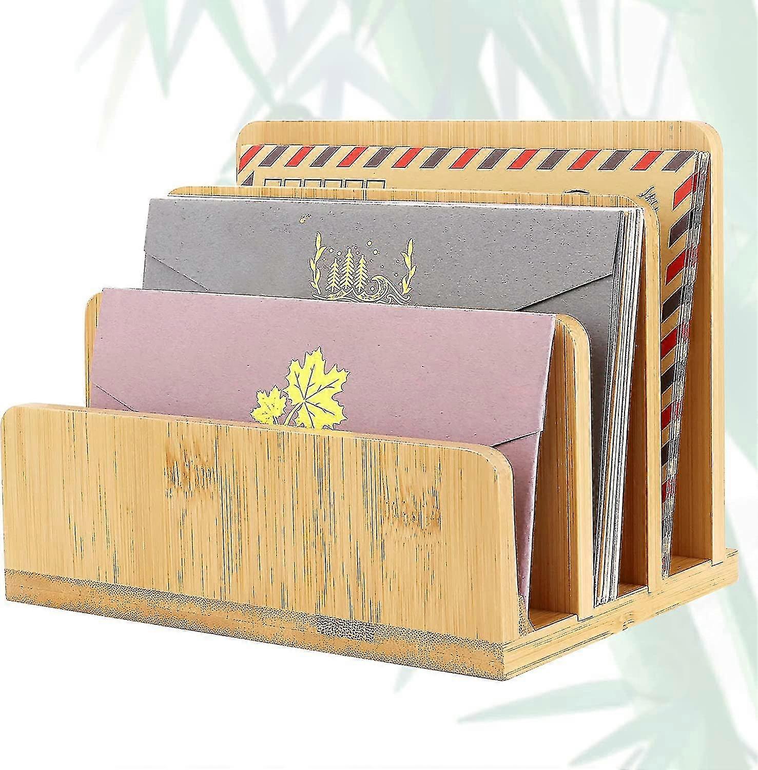 Desk File Mail Organizer Countertop Mail Sorters, Bamboo Desktop Mail Holder 3 Slots , Wood File Paper Holder For Letter Envelope Filing Cell Phone, O