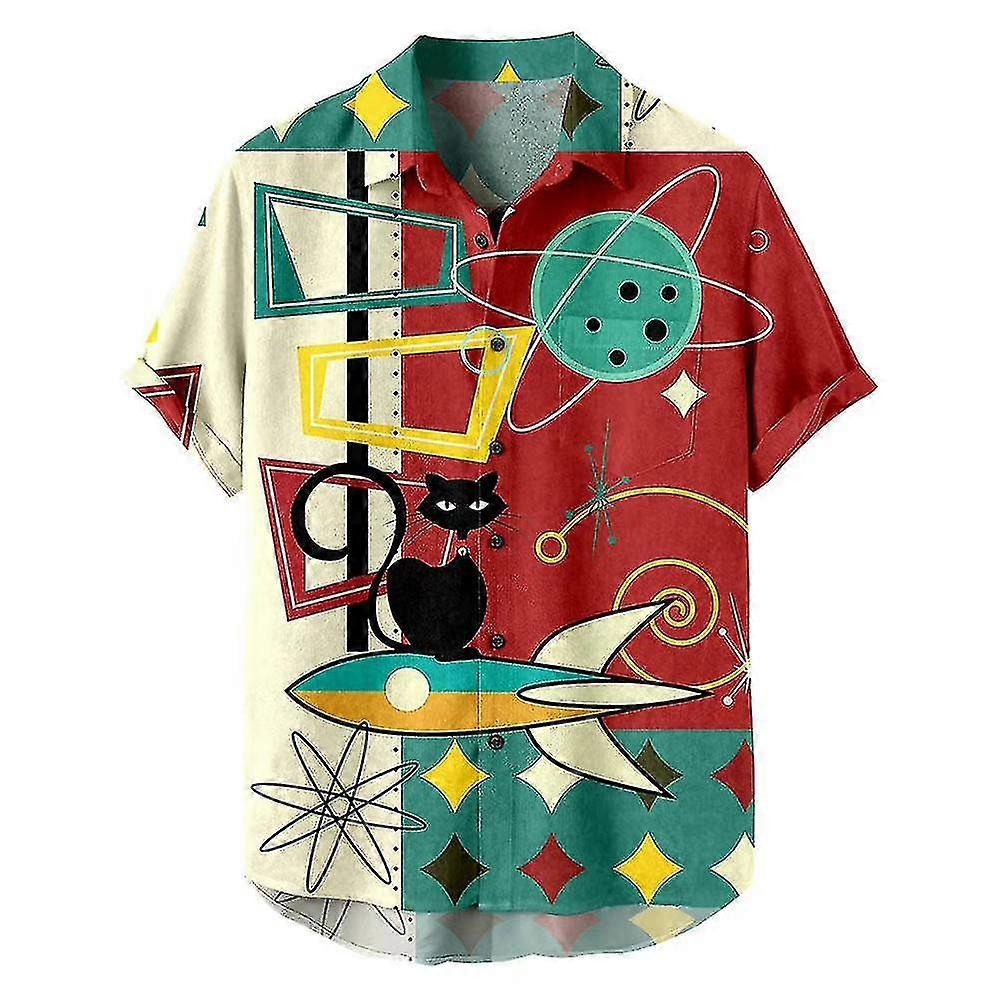 Erkek Retro Düğmeli Aşağı Bowling Gömlekleri Tee 50'ler Rockabilly Tarzı Yaz Hawaii Üstleri Küba Kampı Tişörtü