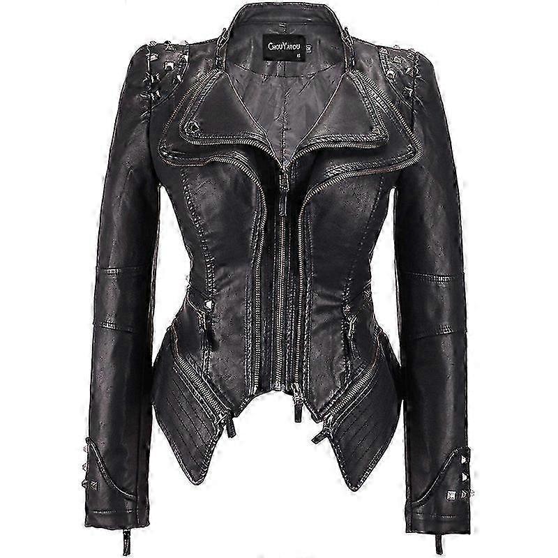 Dammode Dubbade Formande Faux Läder Biker Jacka
