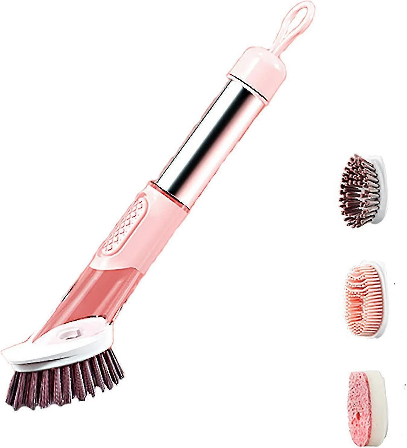 Liquid Soap Dishwashing Brush With 3 Replaceable Brush Heads (pink)