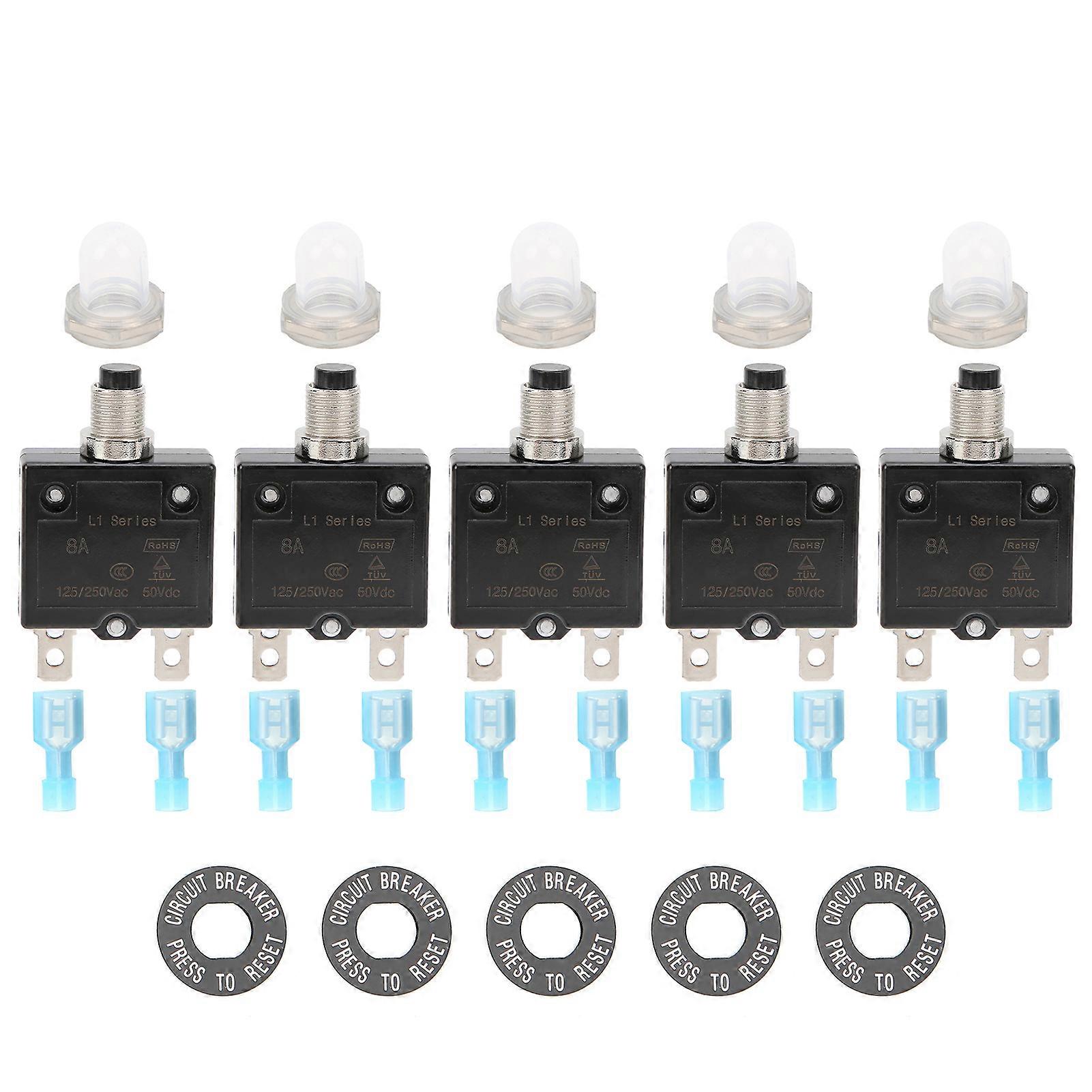 8A Thermal Circuit Breaker with Quick Connect Terminals Waterproof Cap Push Button Manual Reset