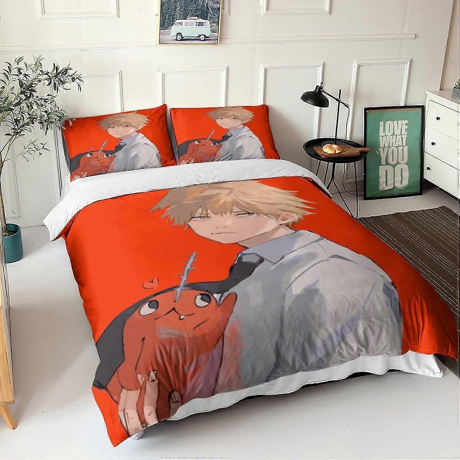 Chainsaw Man D Printed Microfiber Duvet Cover with Pillowcases Chainsaw Man Bedding Set with Zipper Closure Pieces for Adults and E 135*200 CM