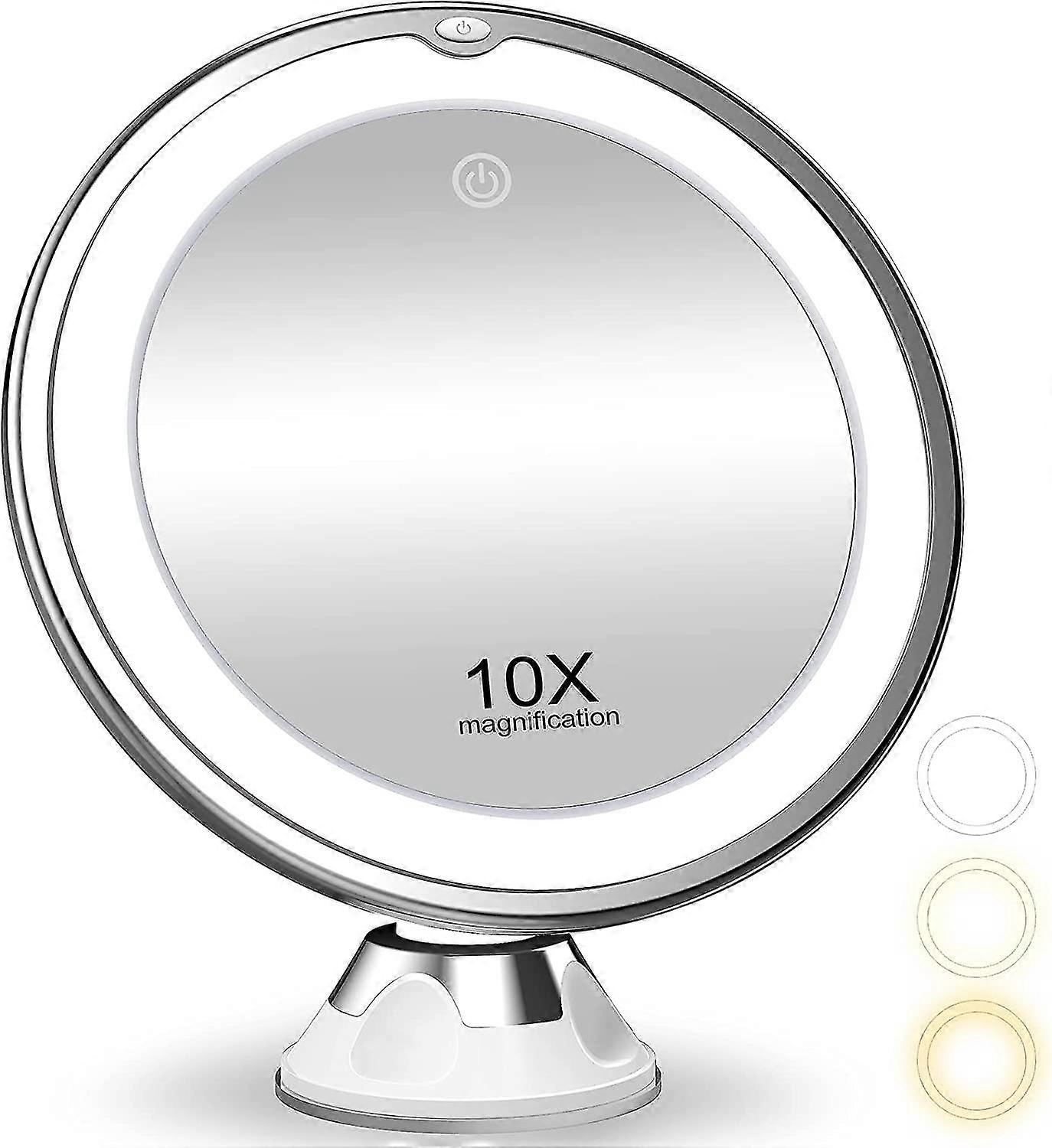 10x Vergrößerung Make-up Spiegel mit Lichtern, 3 Farbbeleuchtung, 360 Grad Rotation