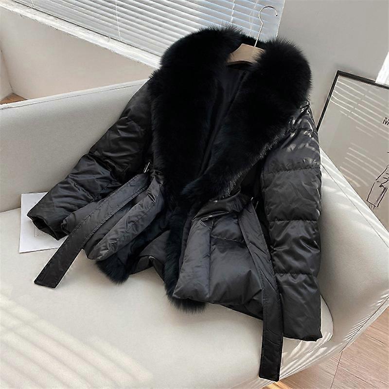 Women's Puffer Jacket with Real Fox Fur Collar Long Sleeve Parka with Pockets Warm Winter Coat with Belt