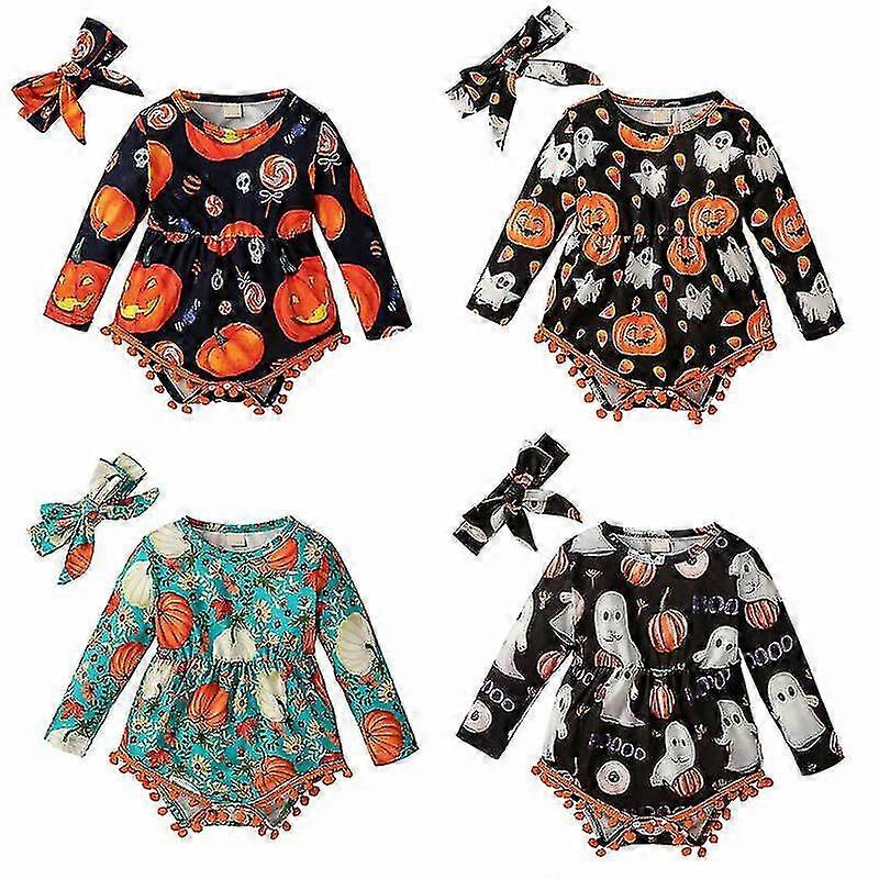 Mädchen Halloween Kleidung Strampler Bow Tops Outfits Strampler Langarm Kleid Neu -d