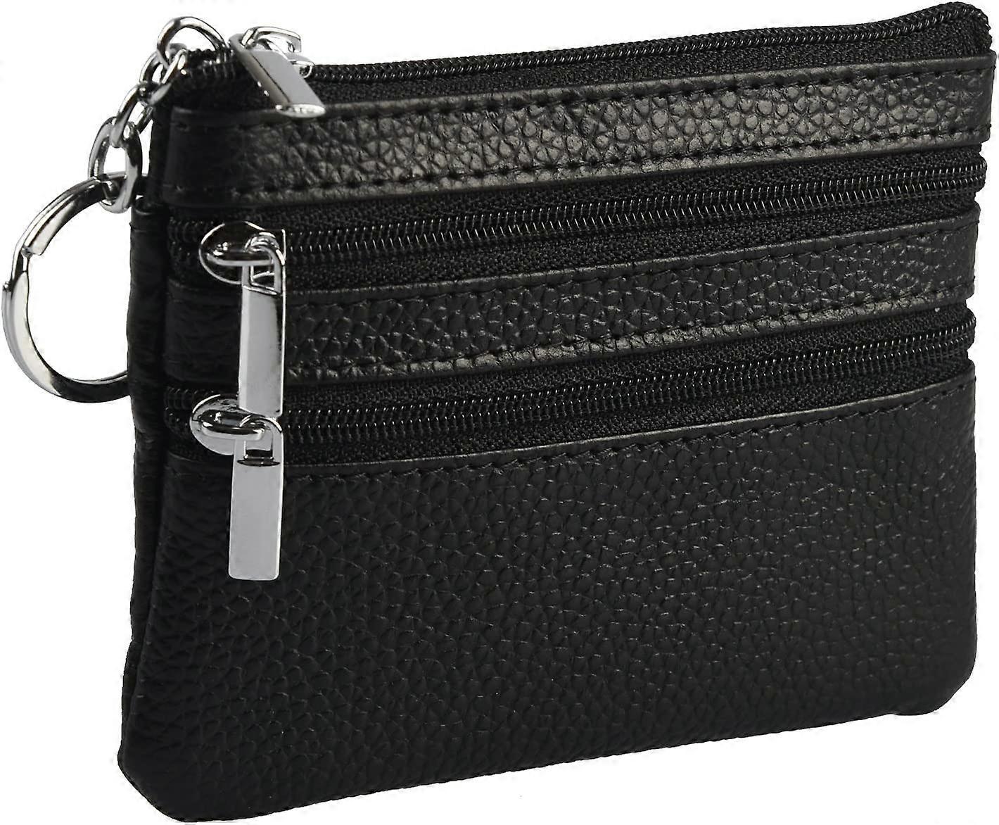 Universal Leather Wallet for Men and Women Credit Card Wallet Mini Small Wallet with Key Ring with 3 Compartments for Bills and Cards Black