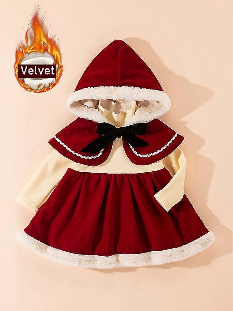 かわいい女の赤ちゃん長袖ドレス+ベルベットフード付きショールベスト秋冬のクリスマスレッドウォームキッズガールドレス子供服