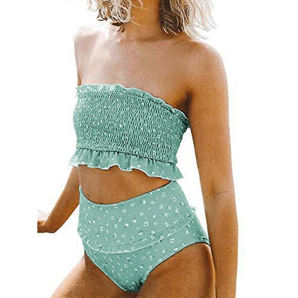 OMKAGI Women's 2-Piece Bandeau Bikini Set – Off-Shoulder Top, High Waist Bottom, High Cut Bathing Suit (Army Green)