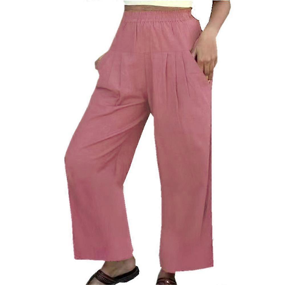 Mulheres Pernas Largas Calças Elástica Cintura Simples Calças Simples com Bolso Rosa