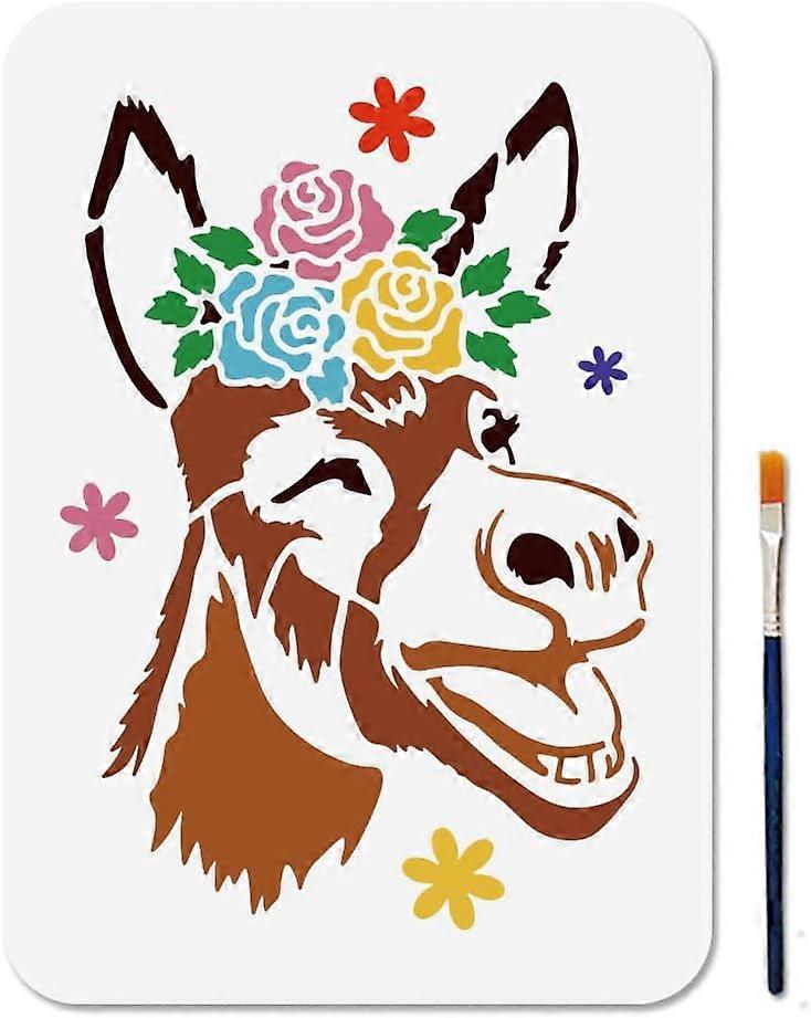 A4 Size Funny Donkey Animal Flower Stencil Laughing Donkey Stencil with Paint Brush 11.78.3inch Petal Leaf Plant Template Reusable Template for Wood D