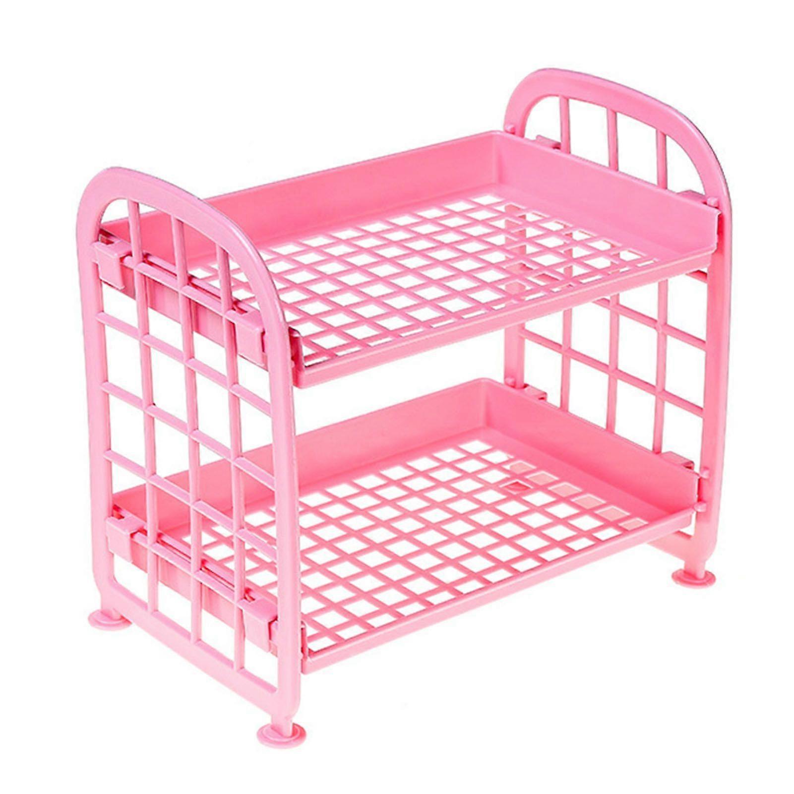 Double Layer Desk Rack Hollow Out Space Saving 2 Tier Desktop Storage Holder for Cosmetics Makeup Tools Pink