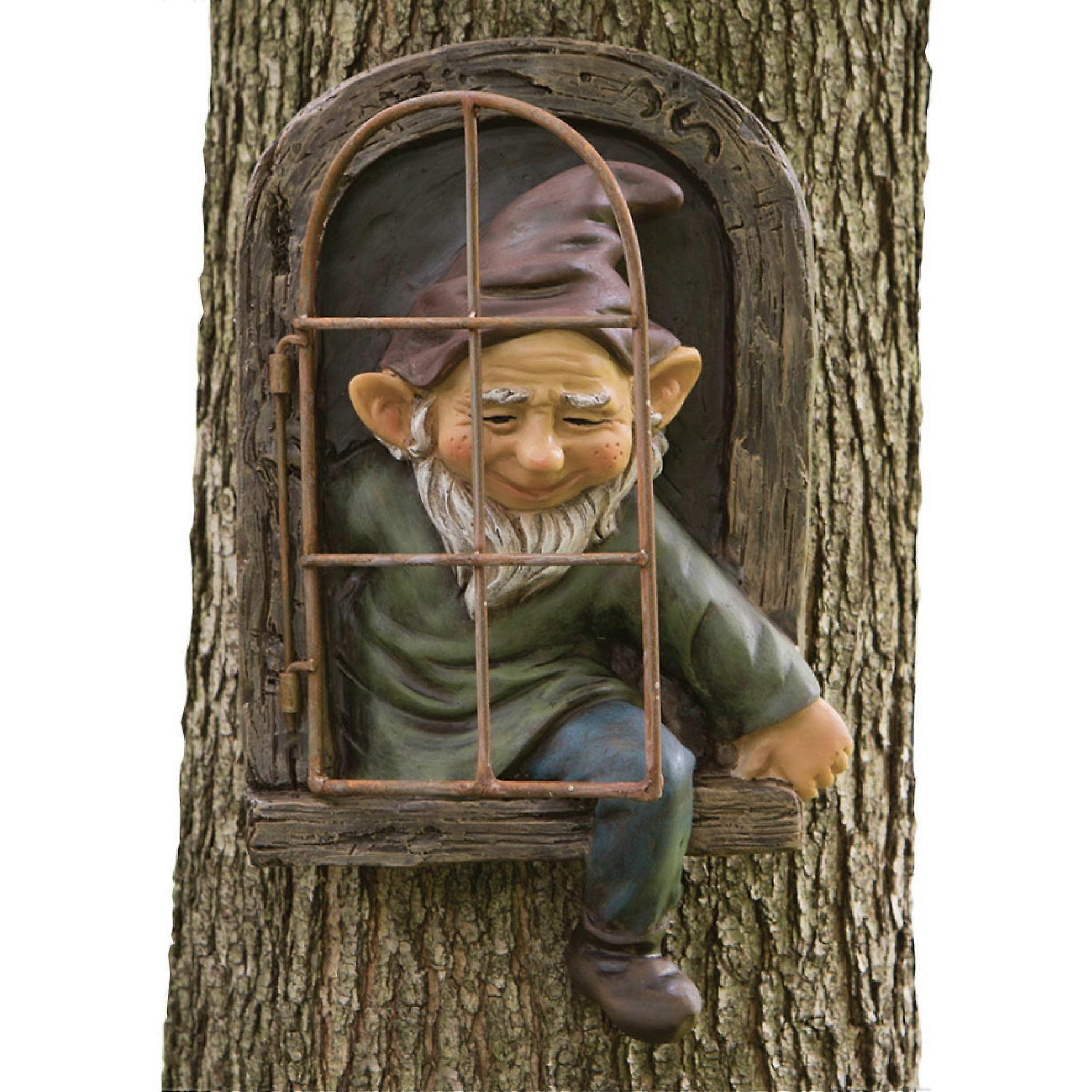 Whimsical Elf Out The Door Tree Hugger Yard Sculpture 12-inch Garden Decoration