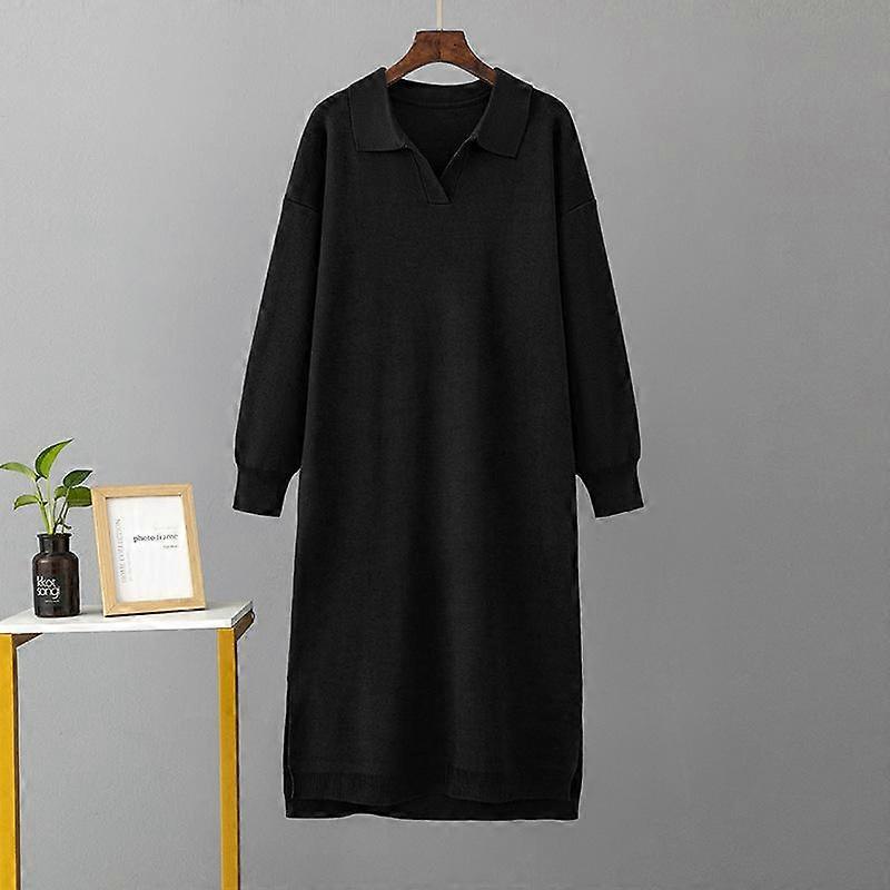 Women Autumn Winter Polo Collar Underlay Knitted Loose Large Solid Color Dresses