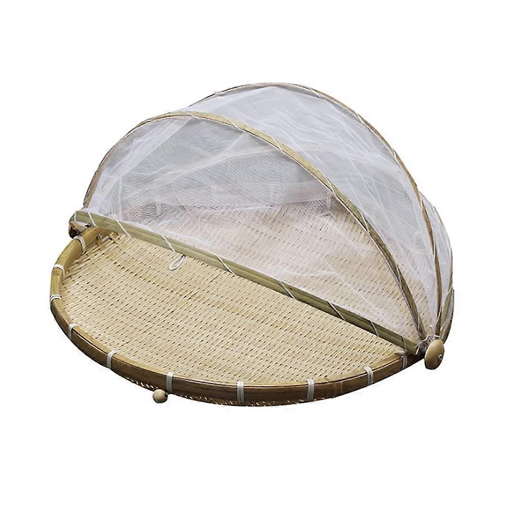Hand-woven dustproof round picnic basket with mesh cover for vegetable/fruit/bread storage