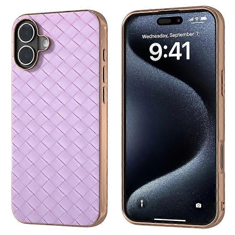 Compatible For iPhone 16 Plus Case Woven Texture Electroplating Edge Leather Coated PC+TPU Phone Cover