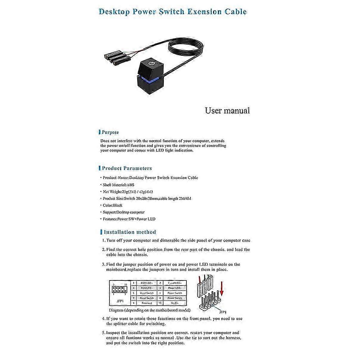 Computer Desktop Switch Colorful LED PC Motherboard External Start Power on/Off Button Extension Cable for Office B