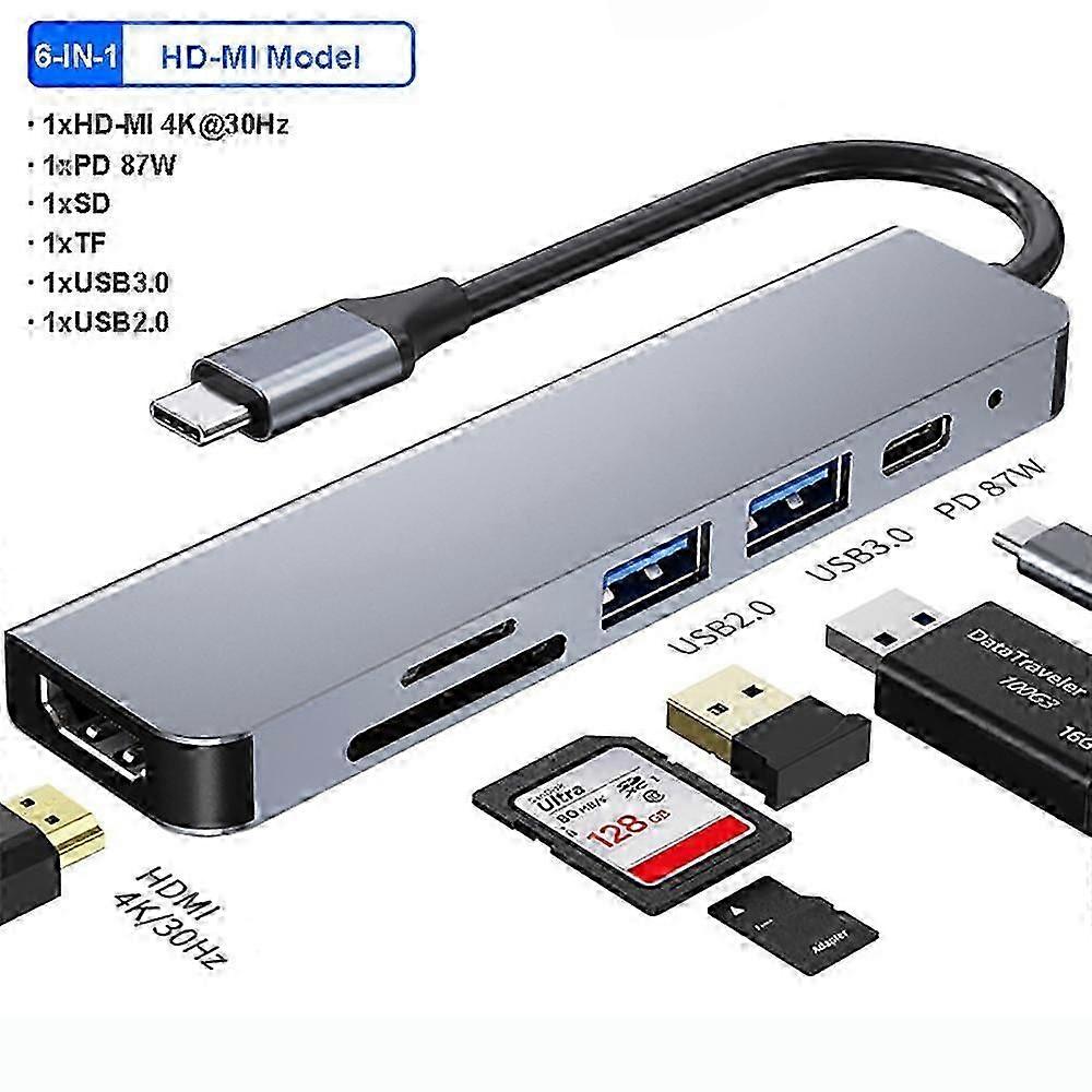 USB C Hub 6-in-1 with 4K HDMI, SD/TF Card Reader, PD Charging - Docking Station for Laptop/PC