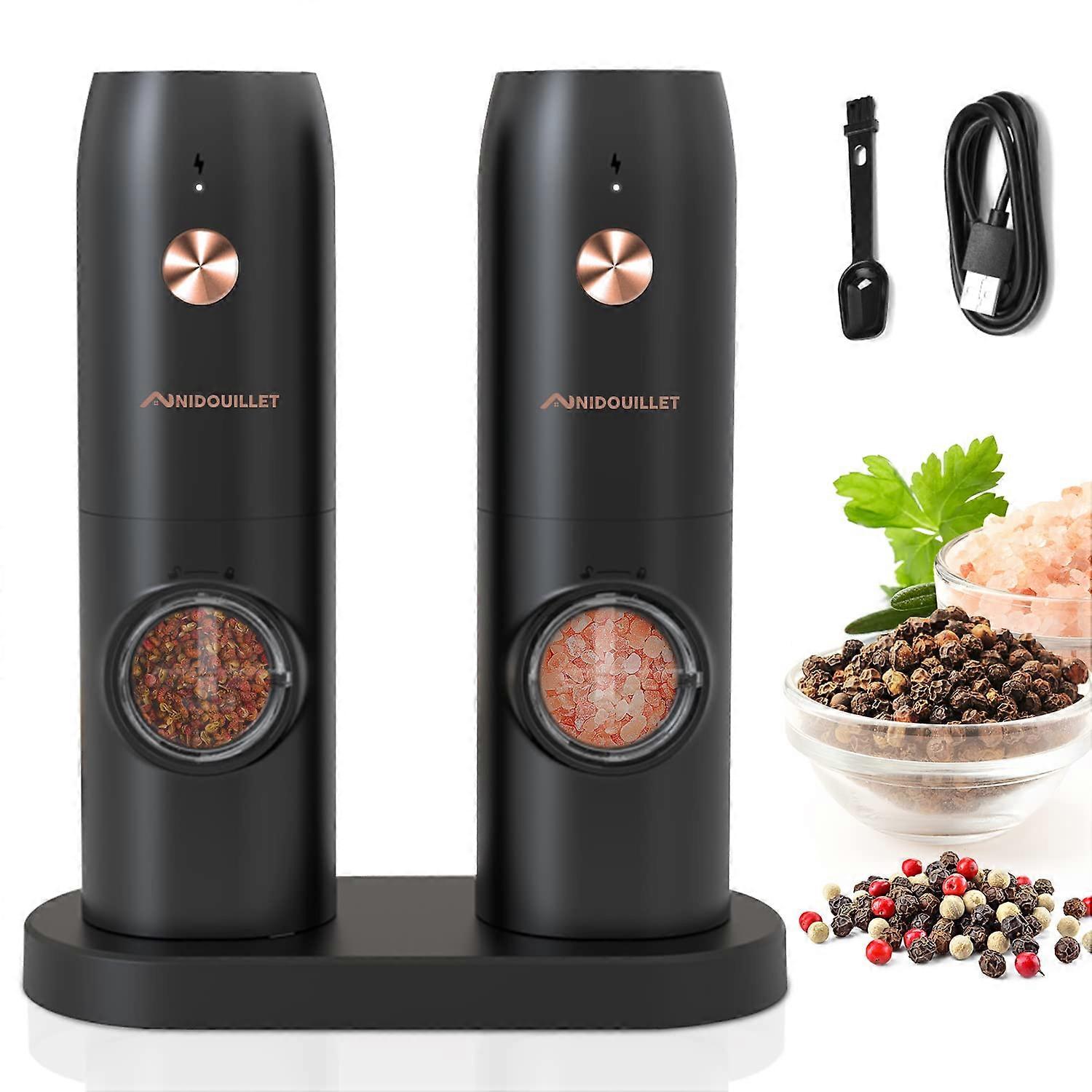 Rechargeable Automatic Salt and Pepper Grinder Set, 2 Pack, Stainless Steel, Adjustable Coarseness, Kitchen Essential