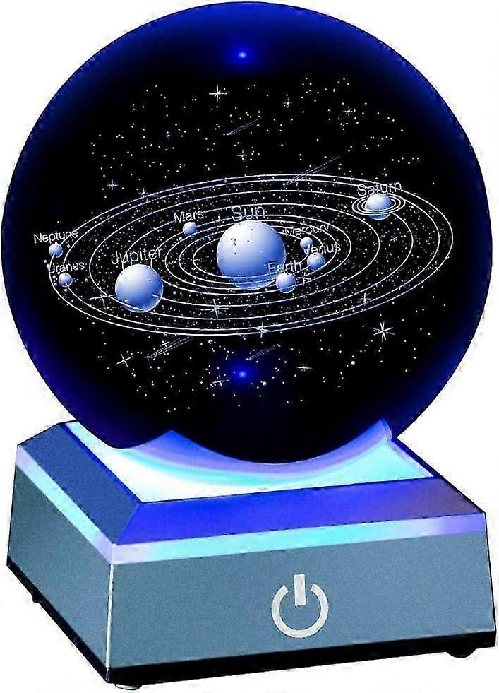 3D Crystal Ball Solar System Model with LED Base, Laser Engraved Planets, Astronomy Educational Toy for Science Learning