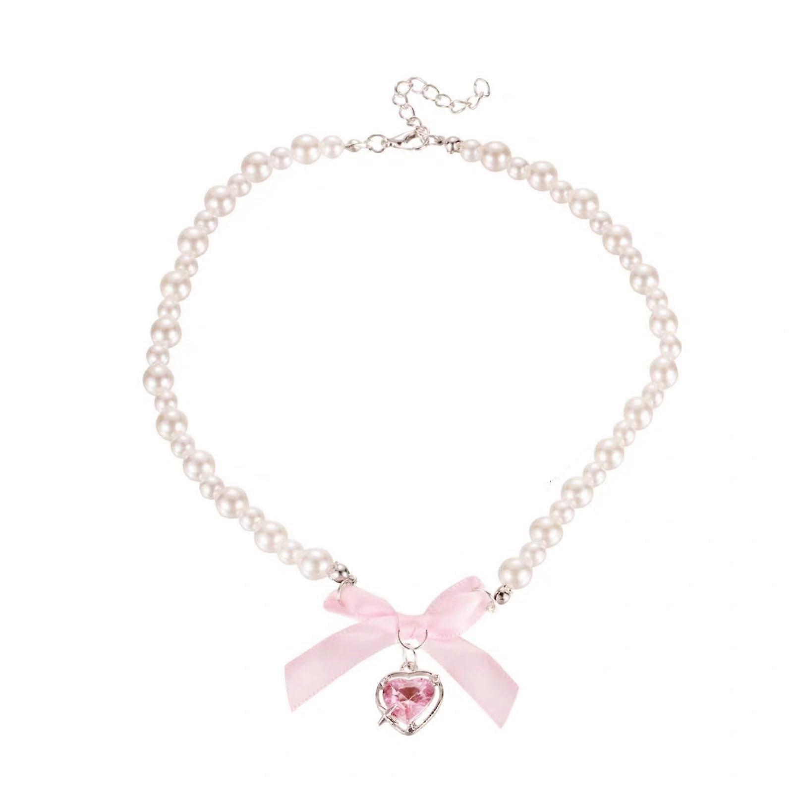 Pink Heart Sagittarius Necklace Y2K Boho Style with Round Pearl Bead Chain and Crystal Rhinestone Accents