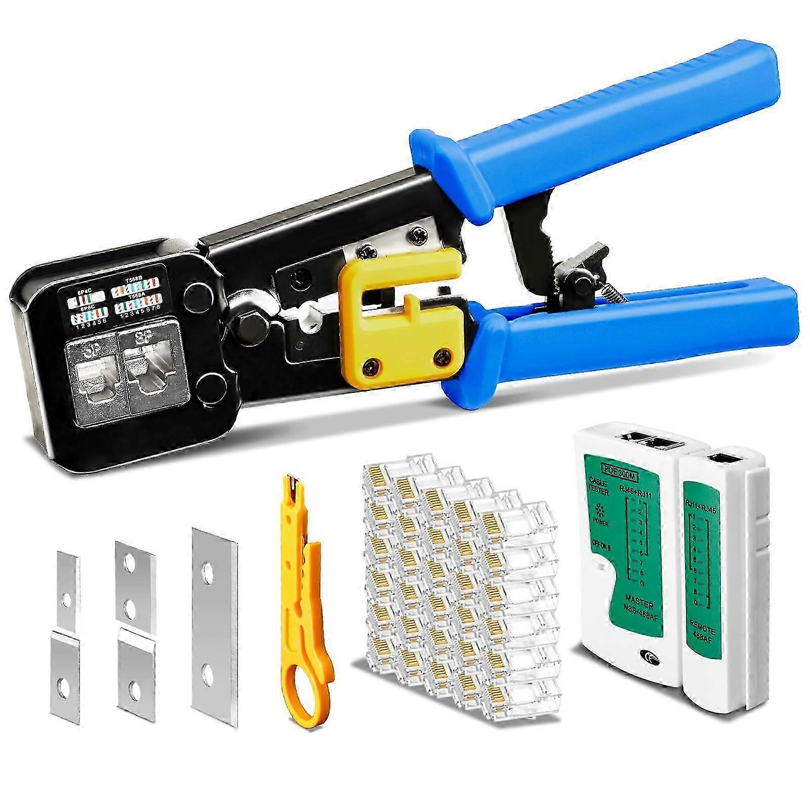 50 pcs Cable Tester + RJ45 Crimp Tool for Straight Through CAT6 Cat5e Cat5 with RJ45/RJ12 Regular and Mini Wire Stripper Function