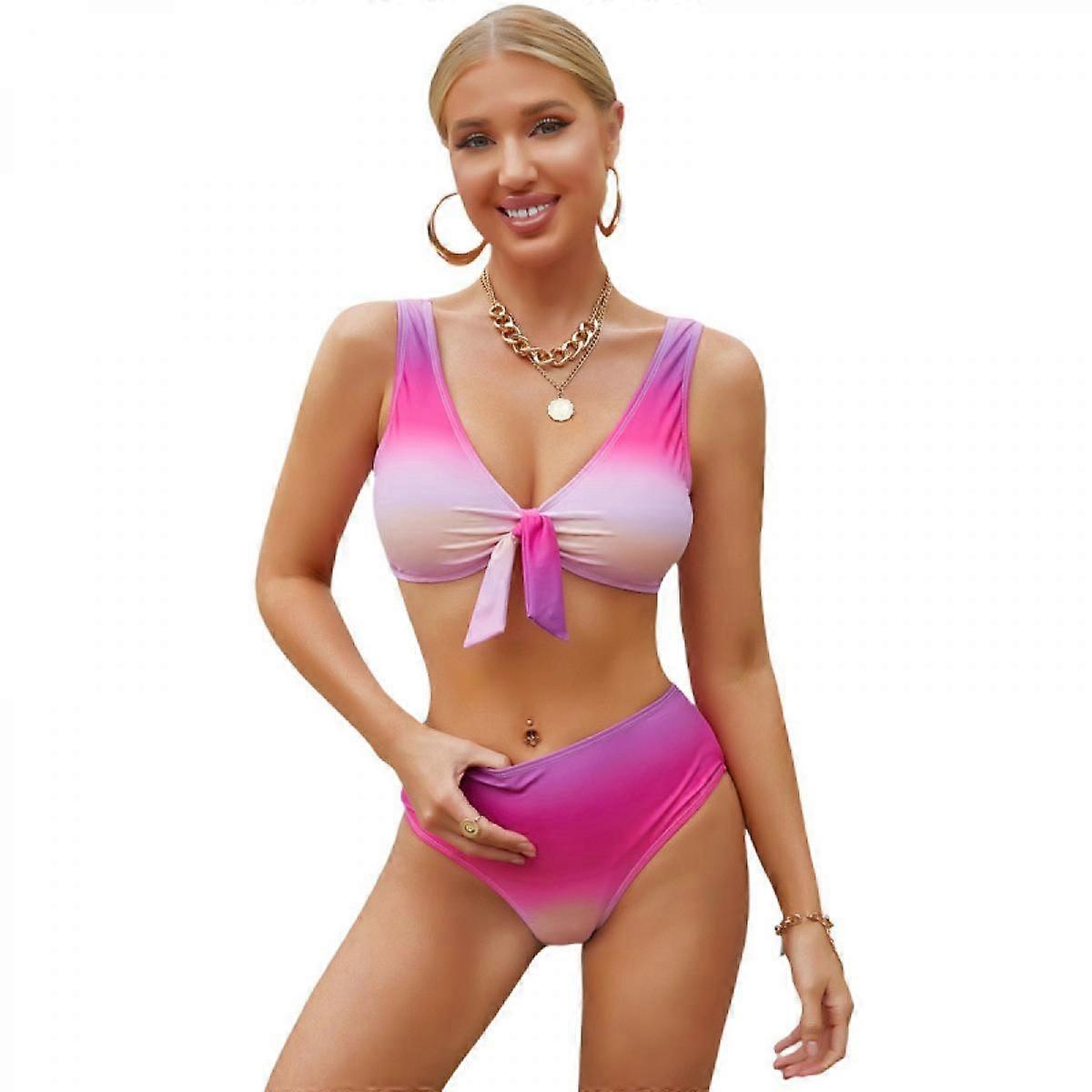Womens Solid Color Strap Padded Front Knot Bikini Set,L