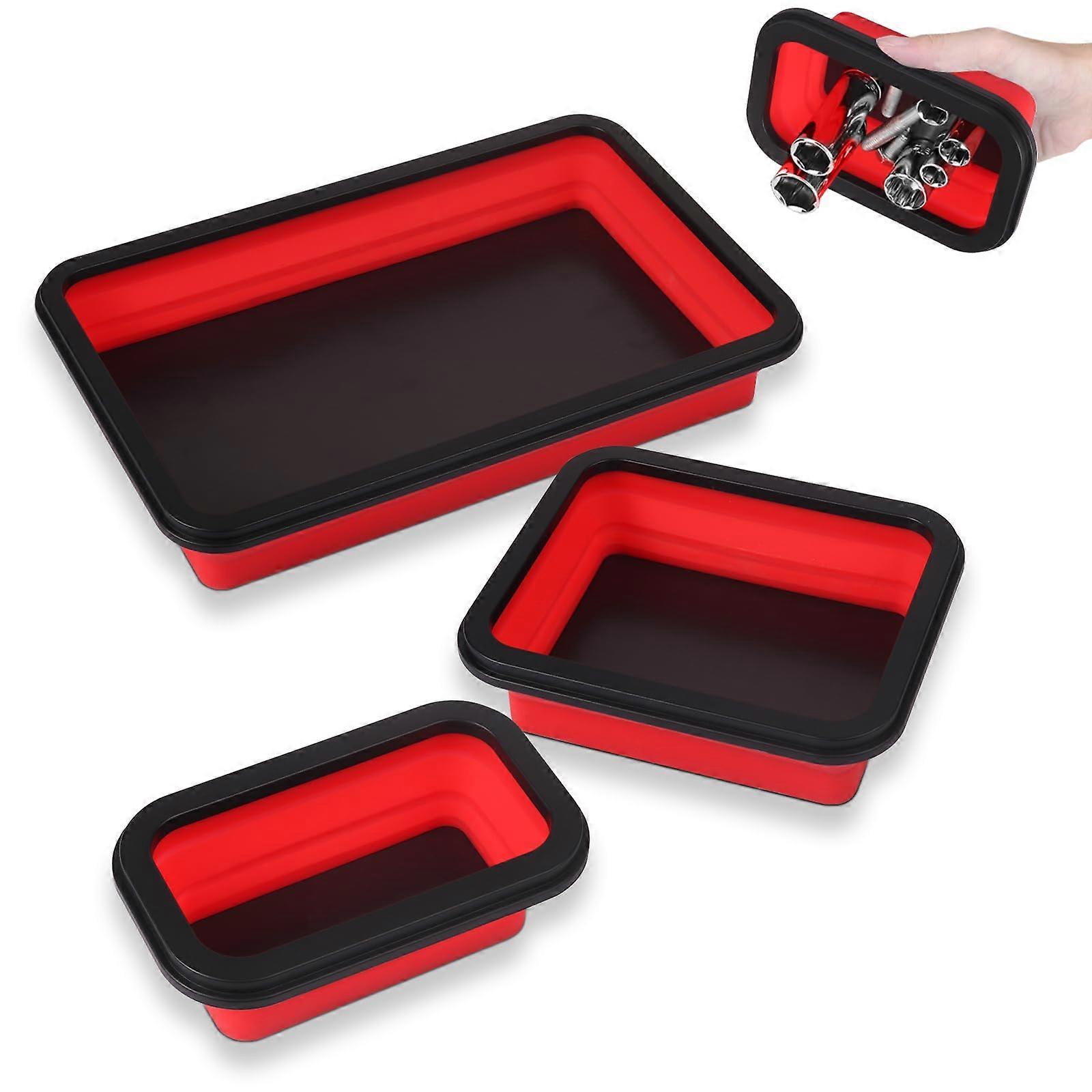 3 Pack Magnetic Parts Tray Set, Different Size Collapsible Tool Trays for Storage Organizer(Red)