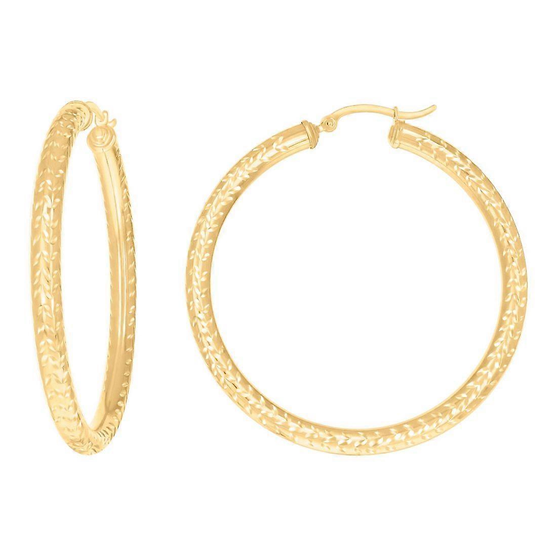 10Kイエローゴールドレディーススパークルカットラウンドチューブパターンフープイヤリング女性用50x4mmワイドフープイヤリング