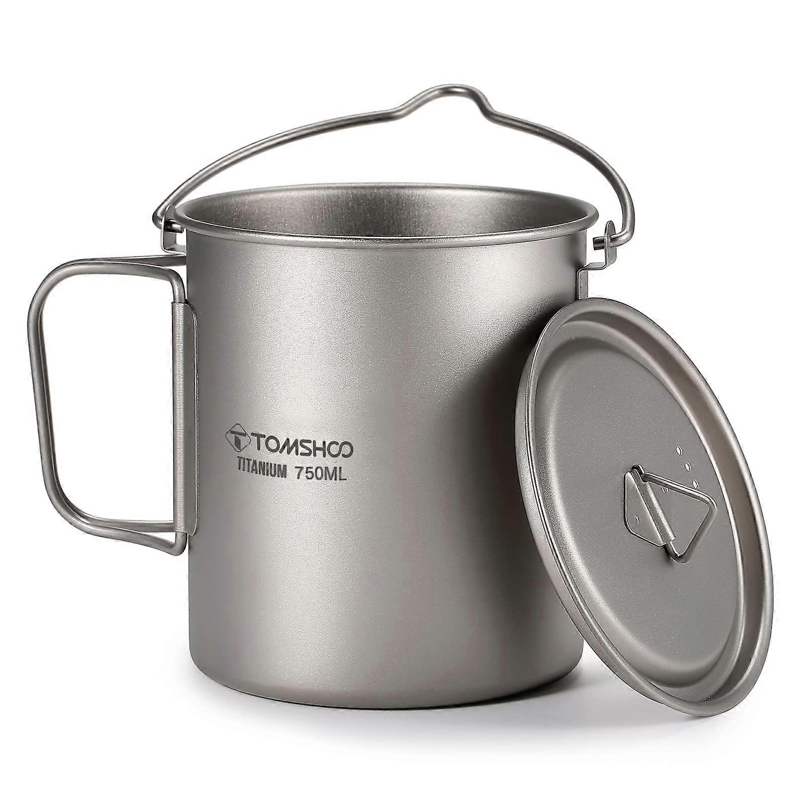 Camping Titanium Pot 750ml - Titanium Mug With Lid, Foldable Handle, Open Fire Compatible Camping Coffee Cup For Hiking And Backpacking