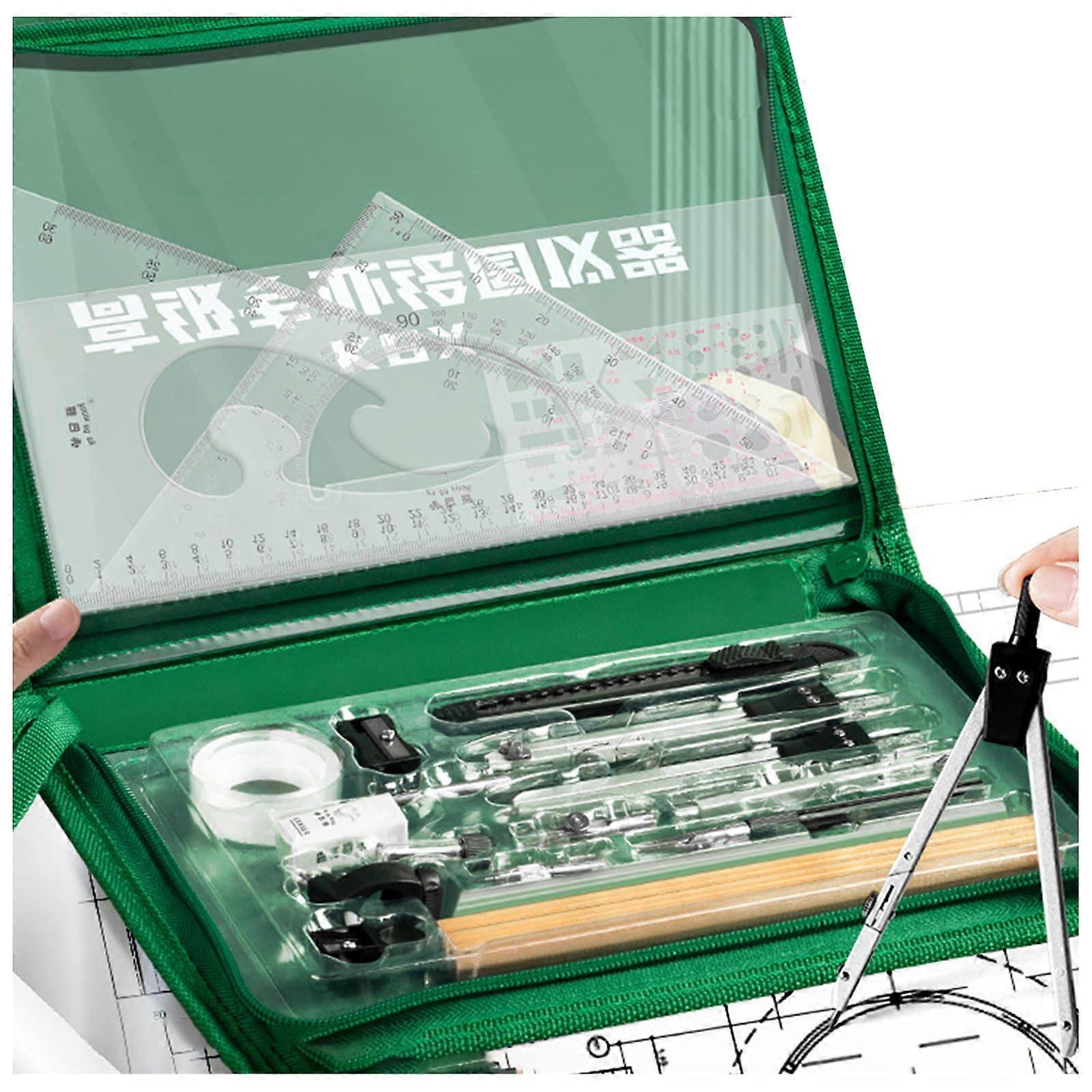 Geometry Set, 27 Pieces Compass Set, Practical Mathematics Set Including Compass, Eraser, Ruler, Tool Bag, Green