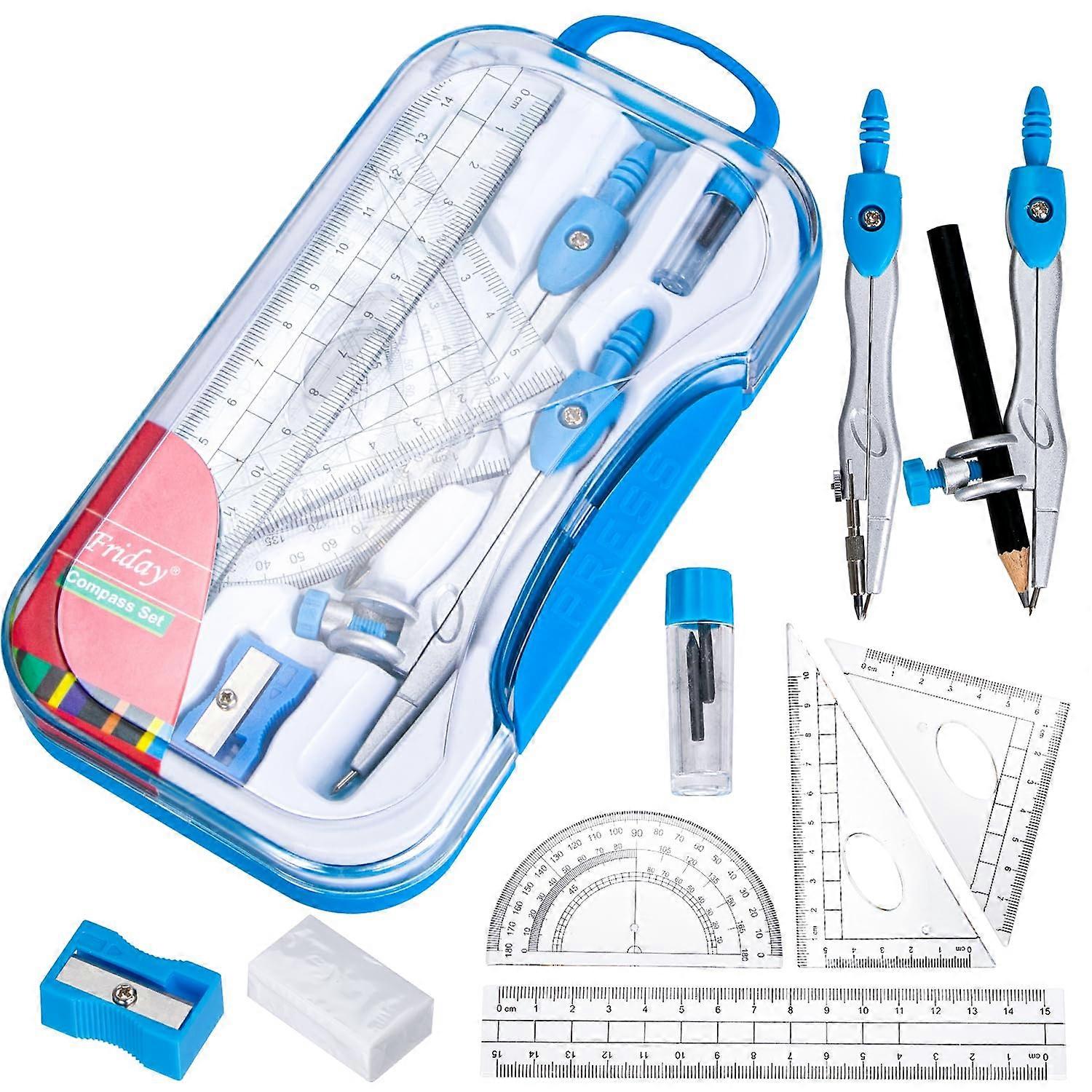 Geometry Set 10-Piece Portable Maths Set with Compass, Ruler, Protractor, Sharpener, Eraser, Replacement Leads, Blue