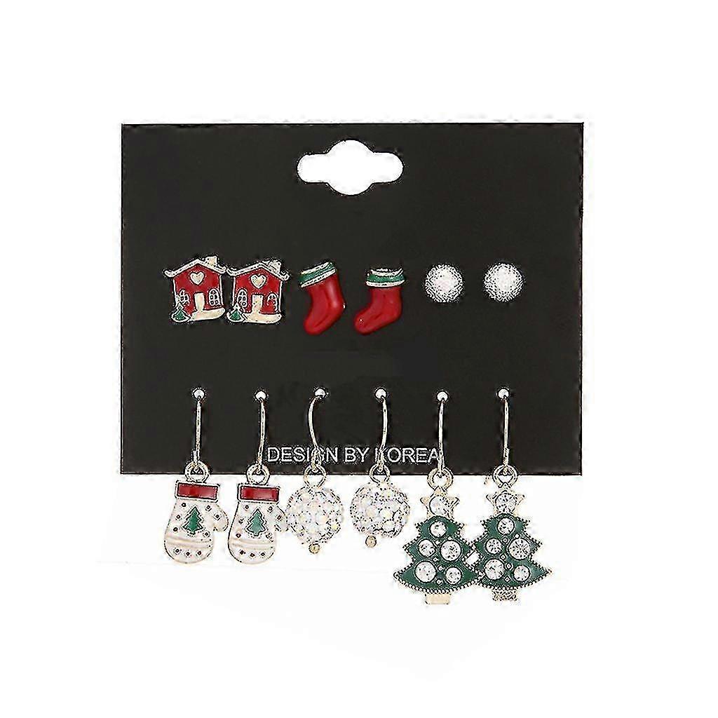 クリスマスツリー、クリスマスグローブ、ハウスイヤリングギフト用のショッキングスタッドピアス6組