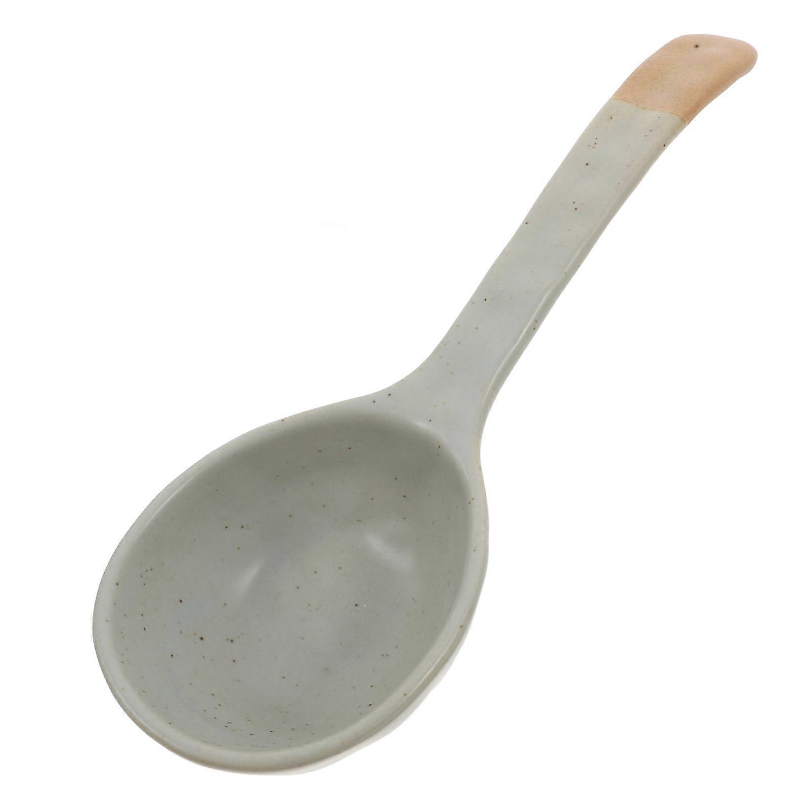 Japanese Ceramic Soup Spoon with Long Handle for Wonton, Ramen, Soups, Porridge – Versatile Coarse Pottery Culinary Tool