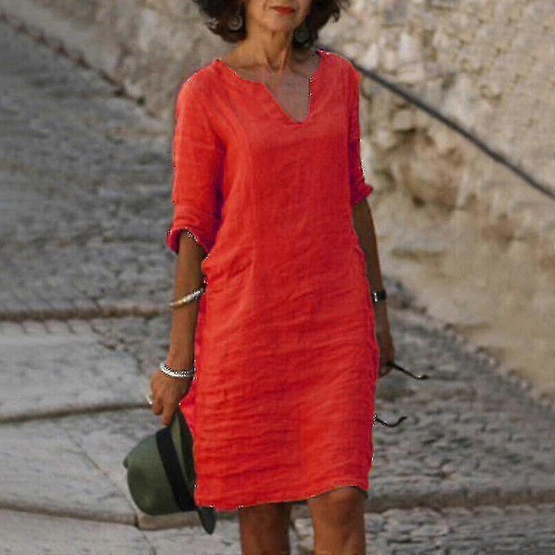 Manches courtes pour femmes Coton Lin Midi Robe Dames Solid V Neck Baggy Sundress-9