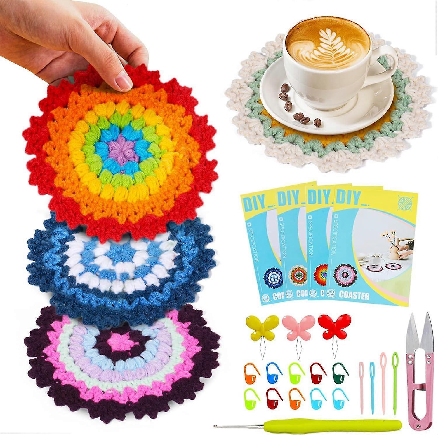 4Pcs Coasters Beginners Crochet Start Kit, Complete Knitting Crochet Supplies with Crochet Hooks, Step-by-Step Instruction and Video Tutorials