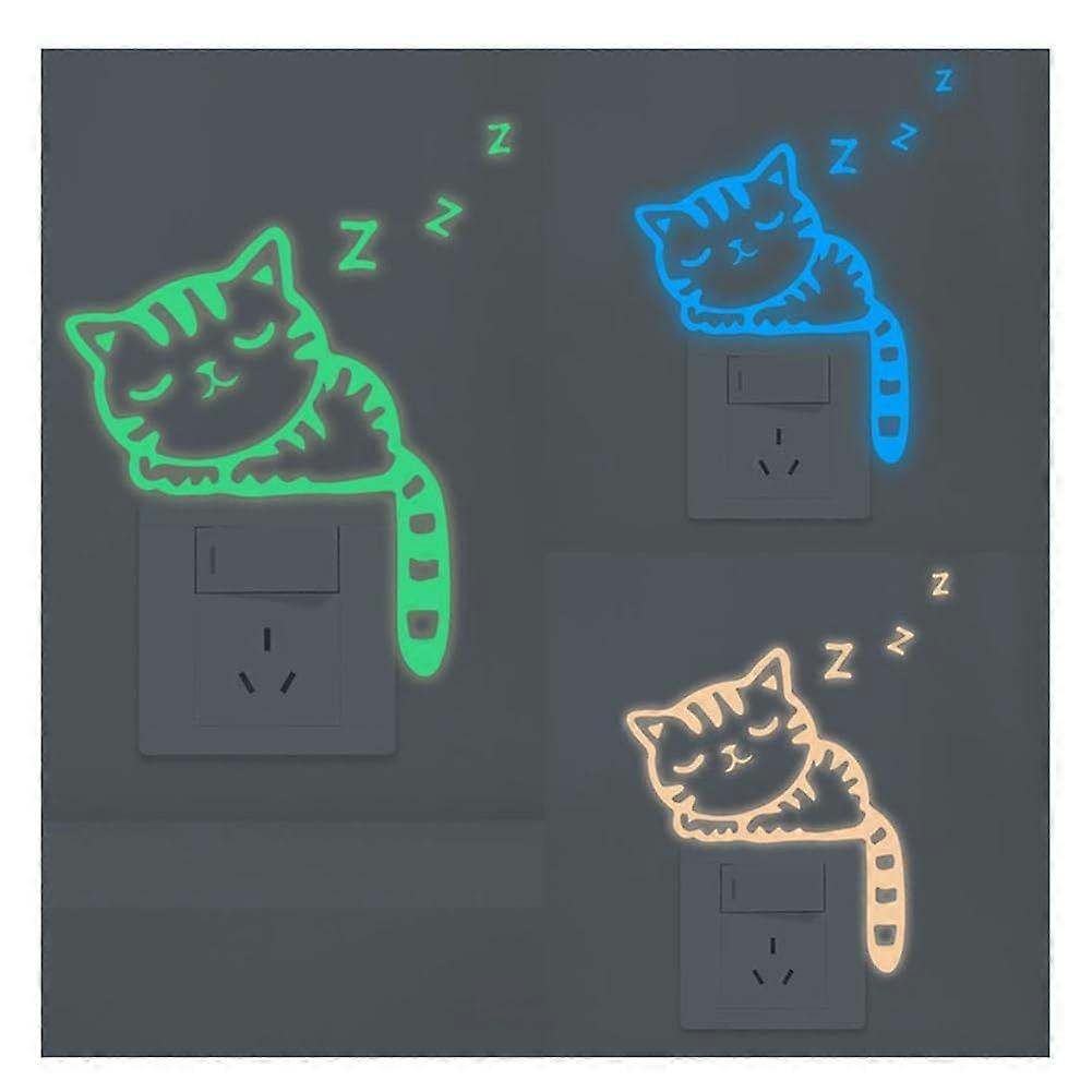 Pack of 3 Luminous Switch Stickers, Cute Cat Design, Self-Adhesive Fluorescent Wall Stickers, 12x16 cm for Light Switches and Sockets