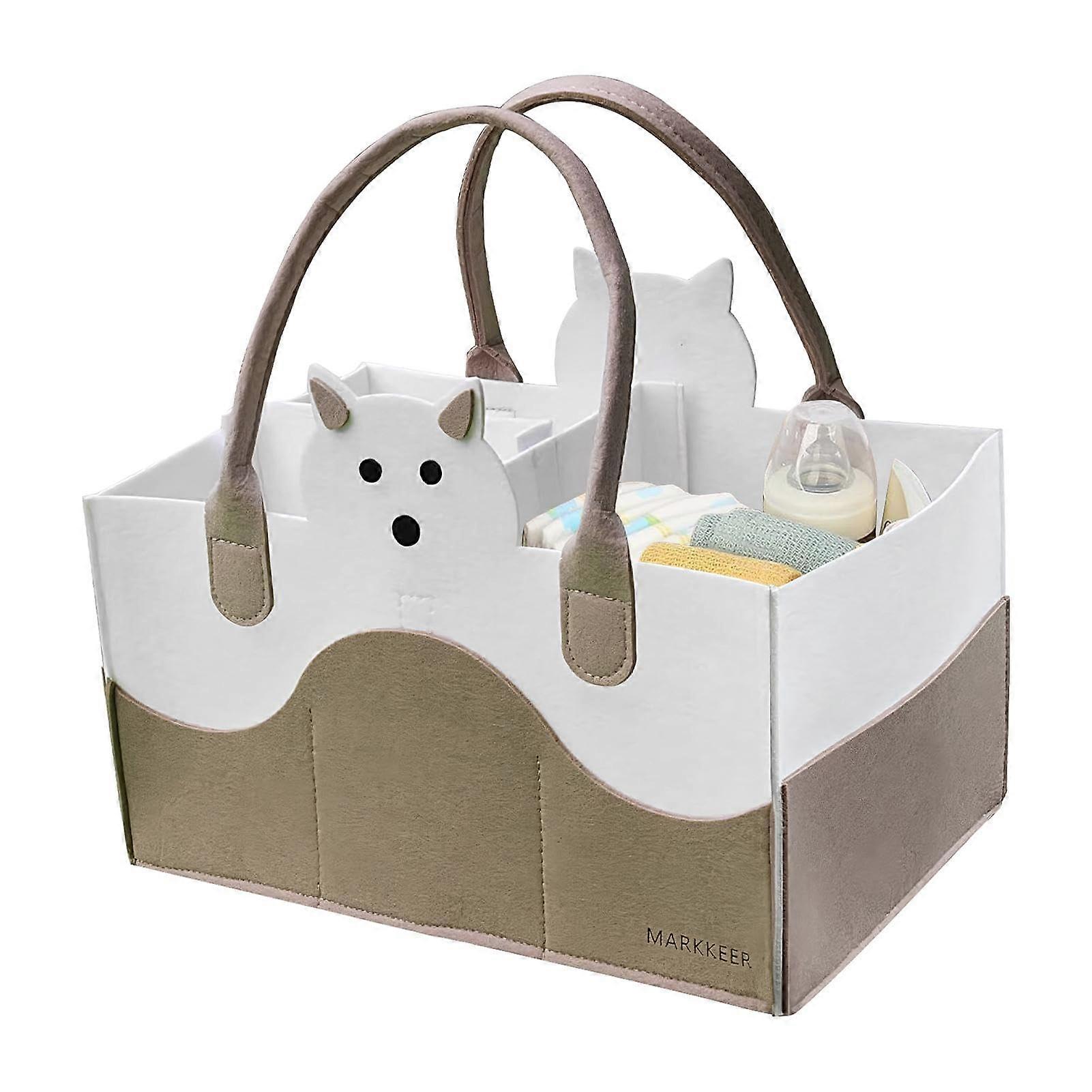 Diaper Bag Khaki Multifunctional Tote with Changing Mat, Felt Nappy Organizer, Portable Nursery Storage Basket