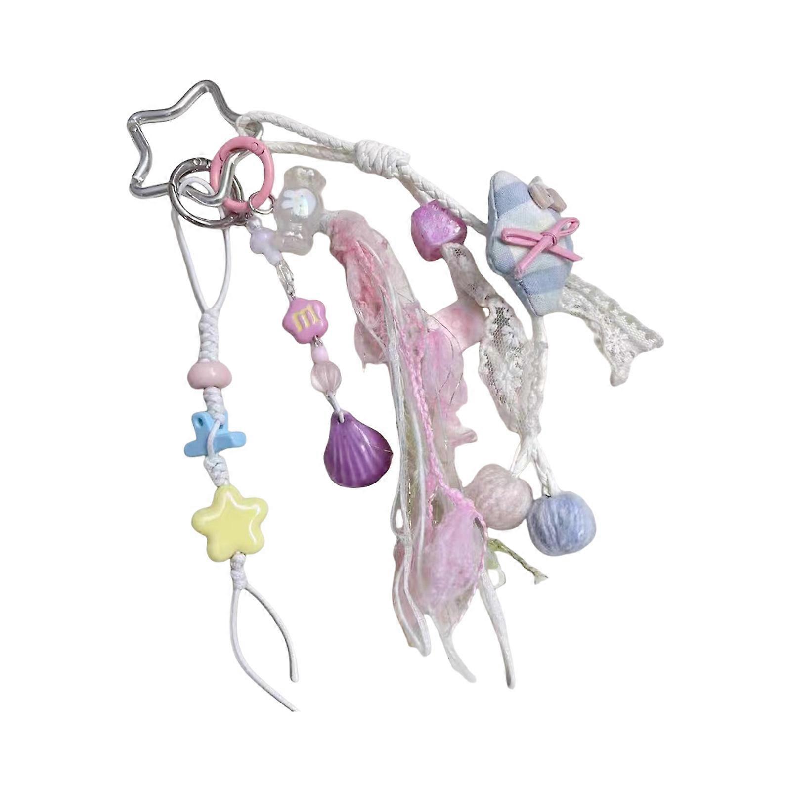 Fashionable Keychain With Handmade Beaded Star Charm Tassels Accent In Soft Macaron Hues Multicolor