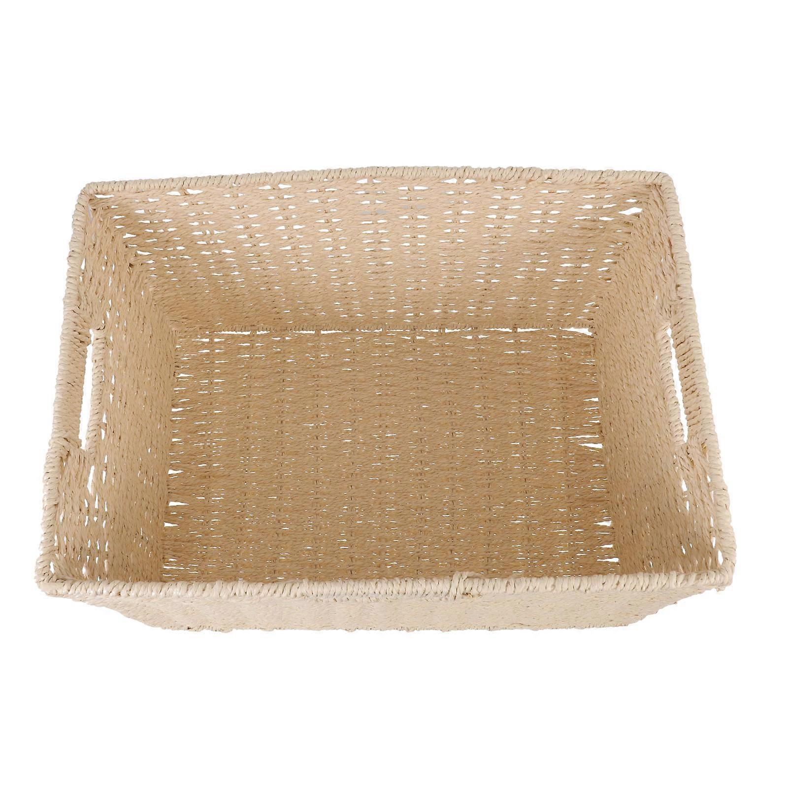 Beige Rectangular Woven Snack Basket For Home And Office Desktop Storage 38X26X24CM With Sundry Storage Capability 1Pack