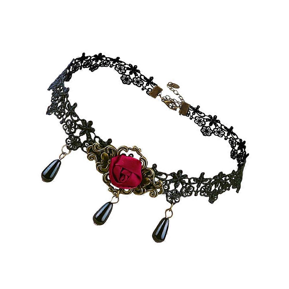 Vintage Black Lace Gothic Choker Necklace with Rose Pendant and Crystal Beads for Halloween Costume Party & Masquerade Events for Women