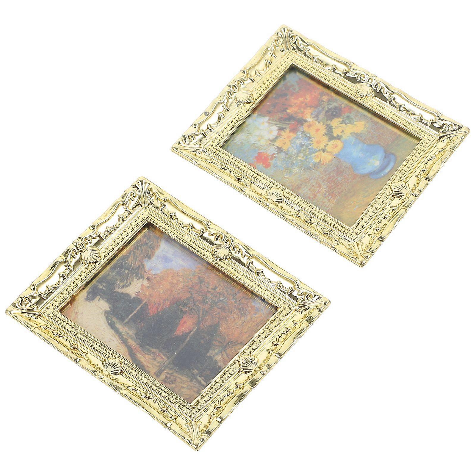 2pcs Mini House Oil Painting Model Miniature Painting Props Miniature Frame Arts
