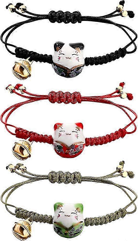 3 Pieces Cat Maneki Neko Bracelet Cute Lucky Cat Ceramic Beads Bracelets Feng Shui Lucky Bracelet Japanese Fortune String Bracelet with Bell, Adjustab