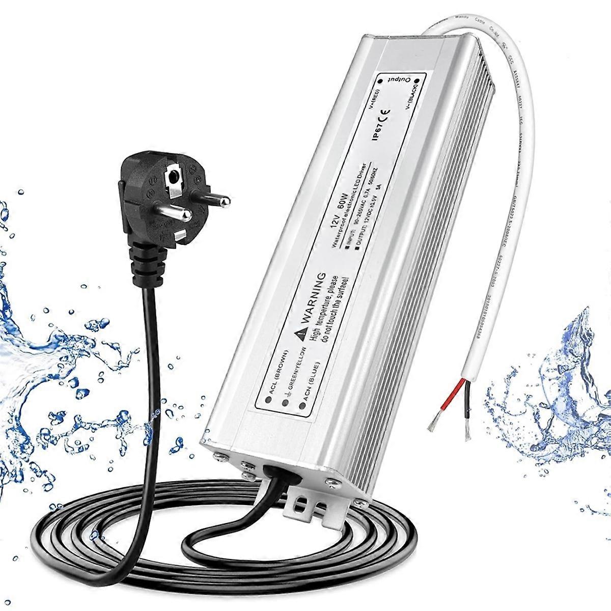 LED Transformer 12V 60W,Outdoor Waterproof Transformer with Plug,LED Power Supply Driver 230V to DC