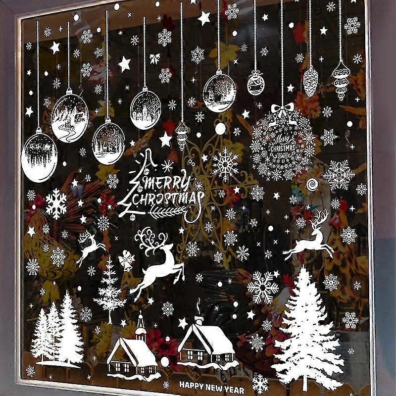 Large Christmas Tree Window Clings White Reindeer Snowflake Xmas Window Decorations Stickers Reusabl
