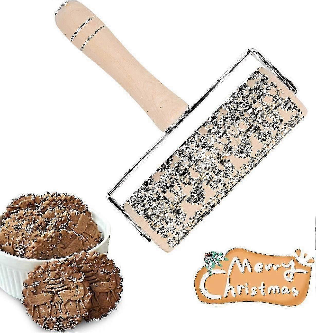 Christmas Wooden Rolling Pin for Baking Embossed Cookies, 3D Pattern