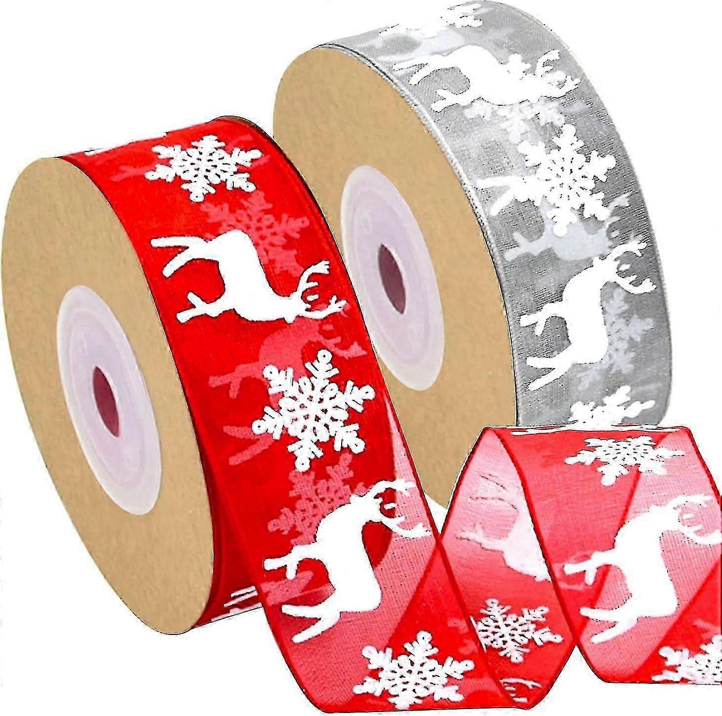 Set Of 2 Rolls Of Organza RibbonChristmas RibbonSnowflake Reindeer DesignsChristmas Fabric Ribbon For Gift Wrapping Crafts