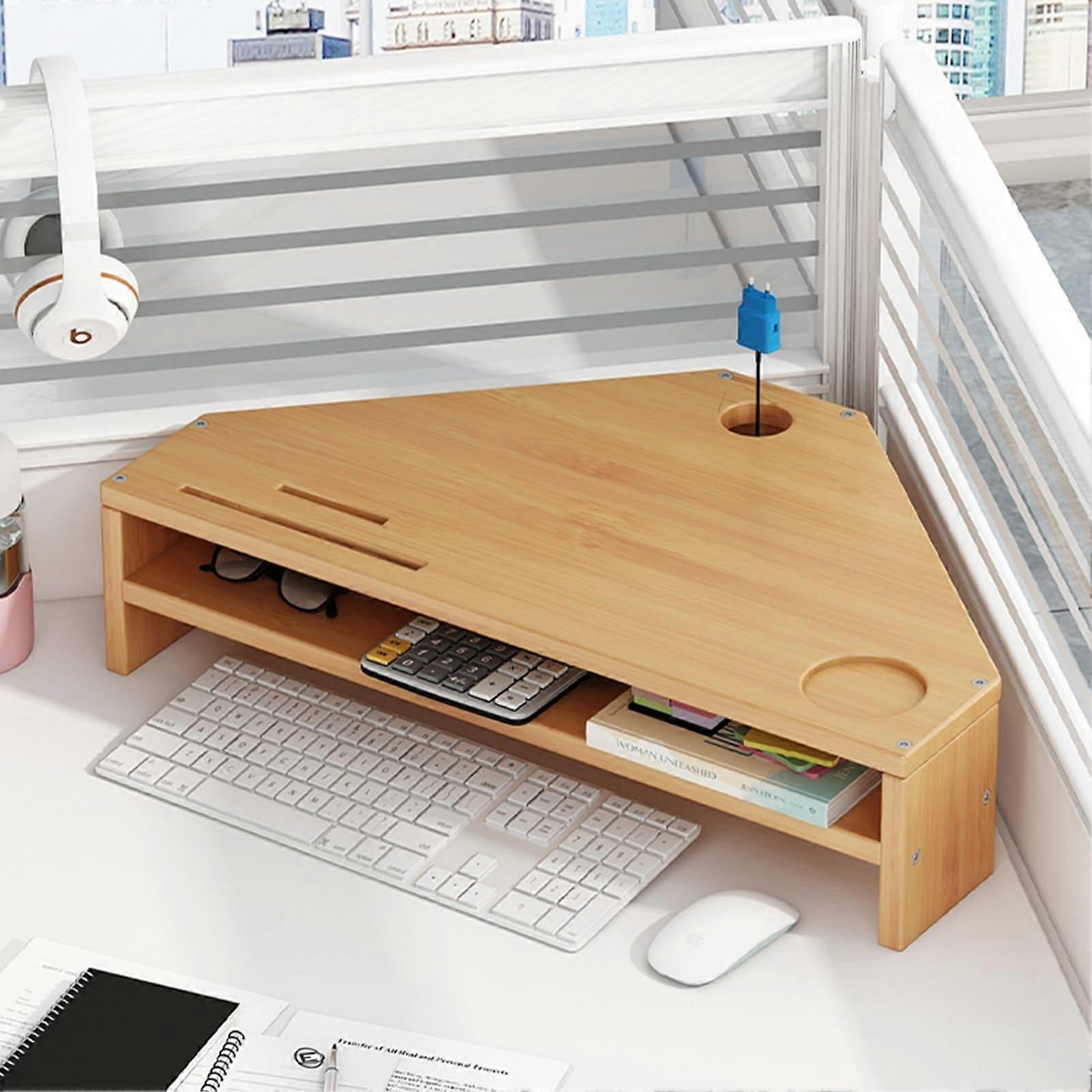 Ergonomic Corner Monitor Stand Riser Solid Wood Triangular Desk Shelf Storage SpaceSaving Laptop Holder For Office Use