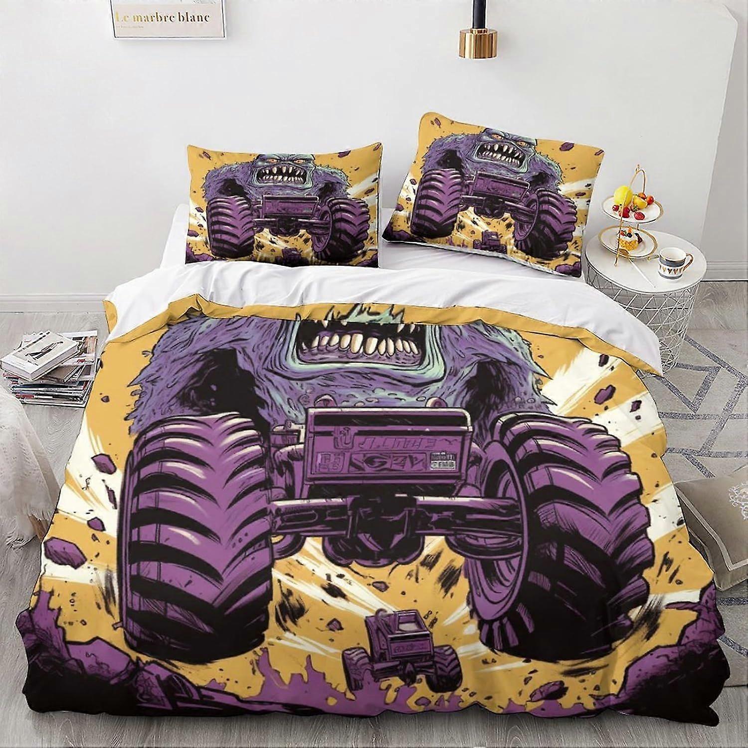 LikeEj monstros edredom capa 3D desenhos animados impresso roupa de cama Set 3pcs microfibra vintage carro colcha capa com zíper fechamento rei