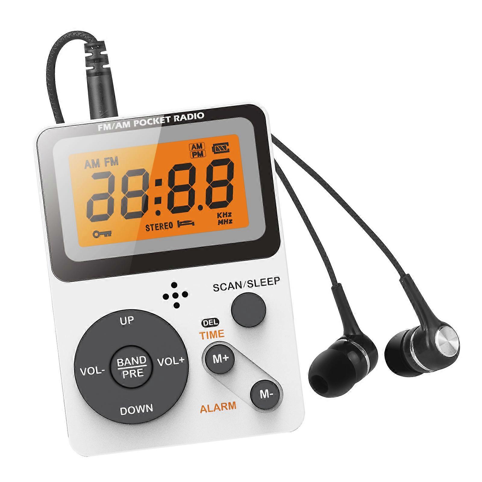 AM FM Radio Portable Battery Powered LCD Display Digital Alarm Clock Pocket Radio Transistor Radio with Stereo Earphone  White