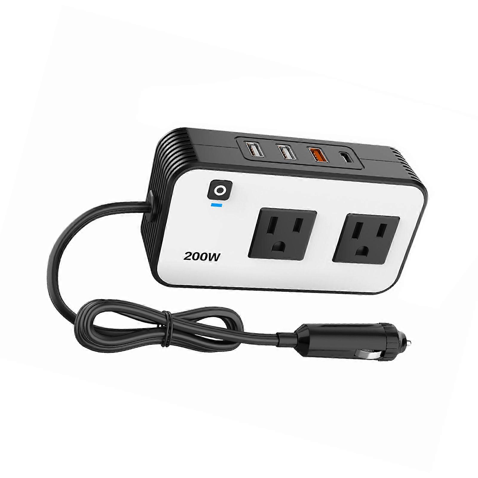 Portable 200W Car Inverter Converters Power Adapter with USB C and USB A Quick Charging for Mobile Devices 45CM Cable Multicolor